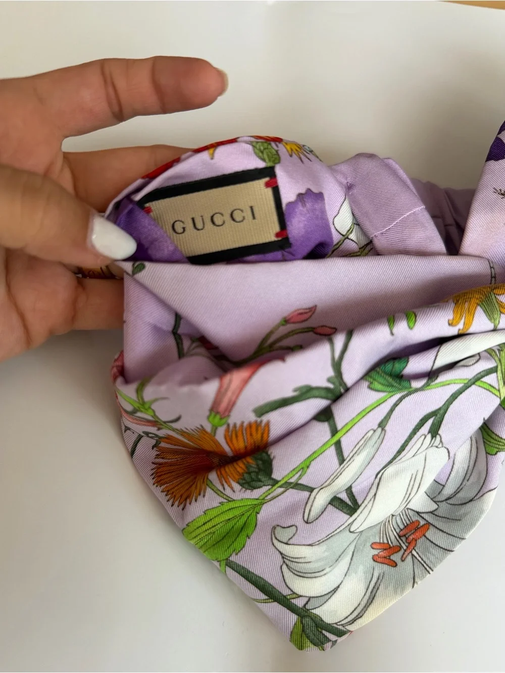 Authentic Gucci Floral Satin Twist Multicolor Headband - Lilac with Blooms